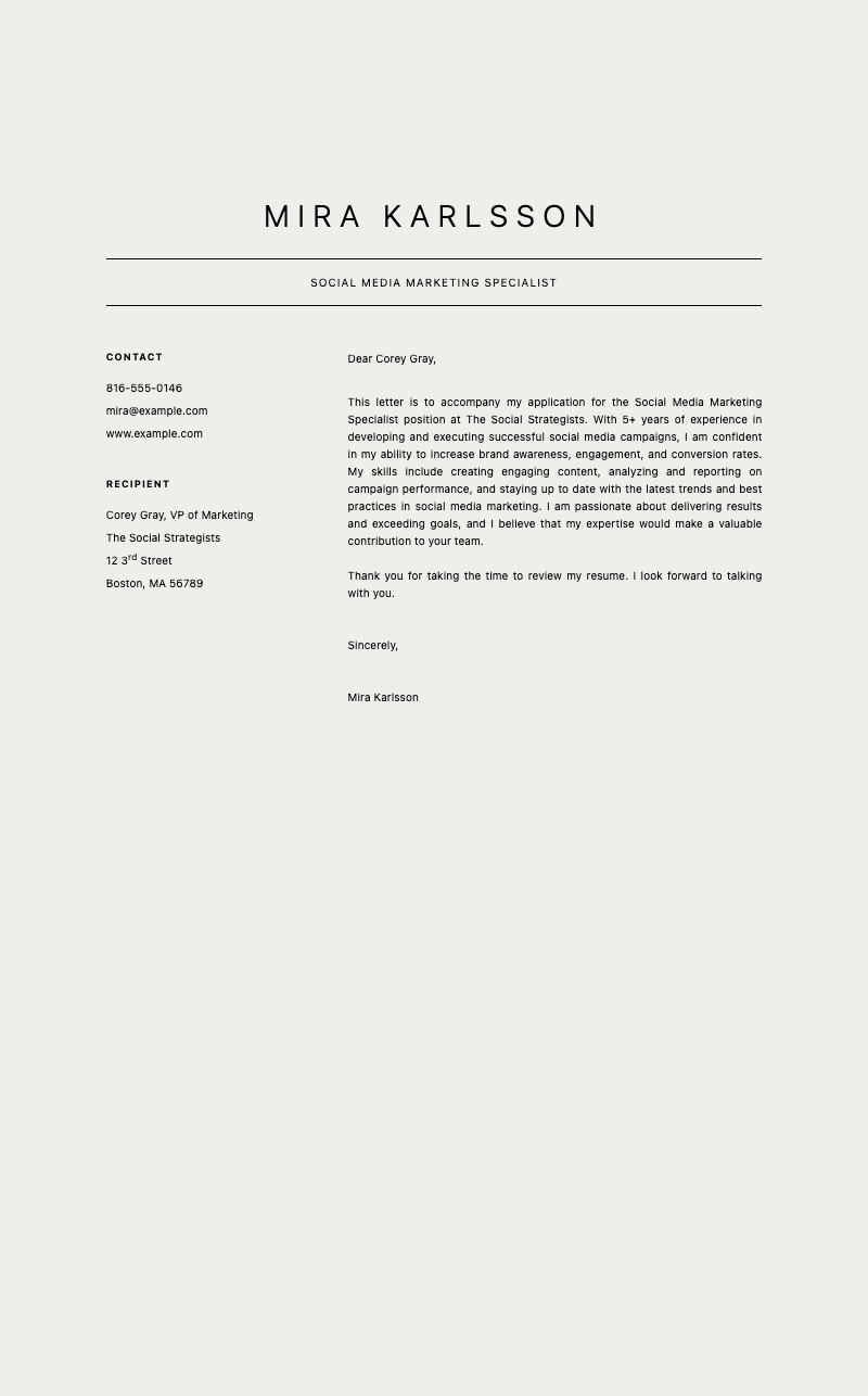 Social media marketing cover letter - Professional cover letter template with elegant dual-column layout, contact info, and personalized greeting for job applications.